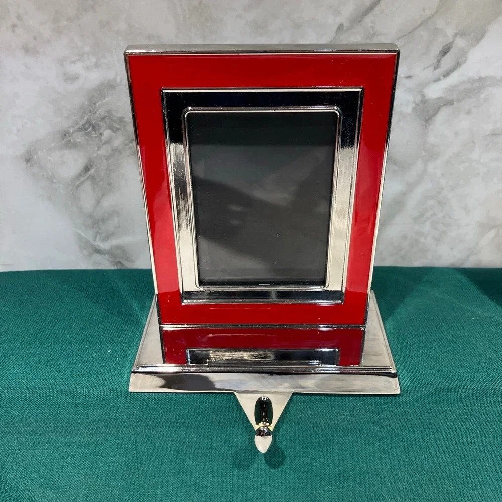 Pottery Barn Red Grosgrain Picture Photo Frame Stocking Holders Silver Nickel